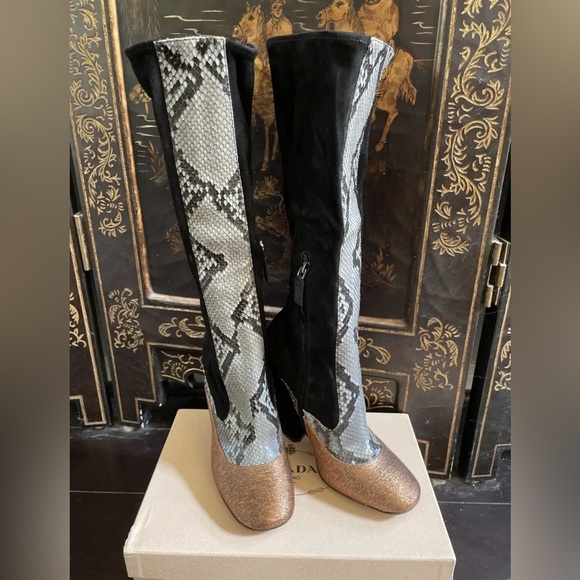 Prada Mary Jane Black Suede Grey Python Copper Metallic Boots Size 38 Rare New - Picture 1 of 10